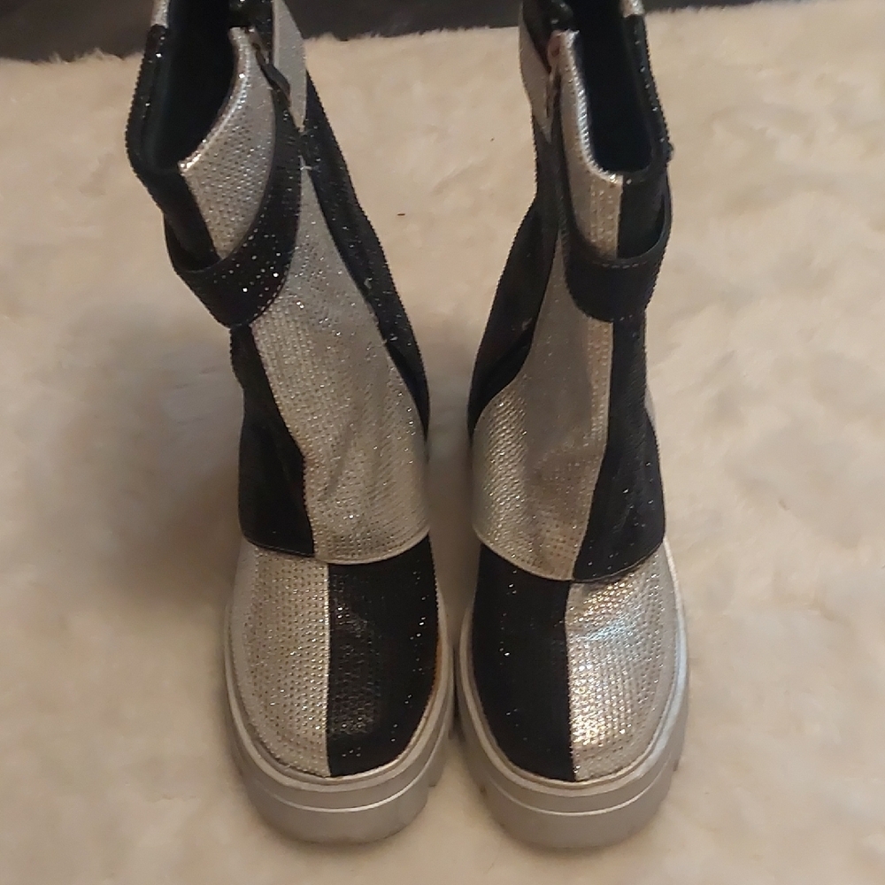 Silver Black Rhinestone Patchwork Mid-Calf Fold O… - image 5